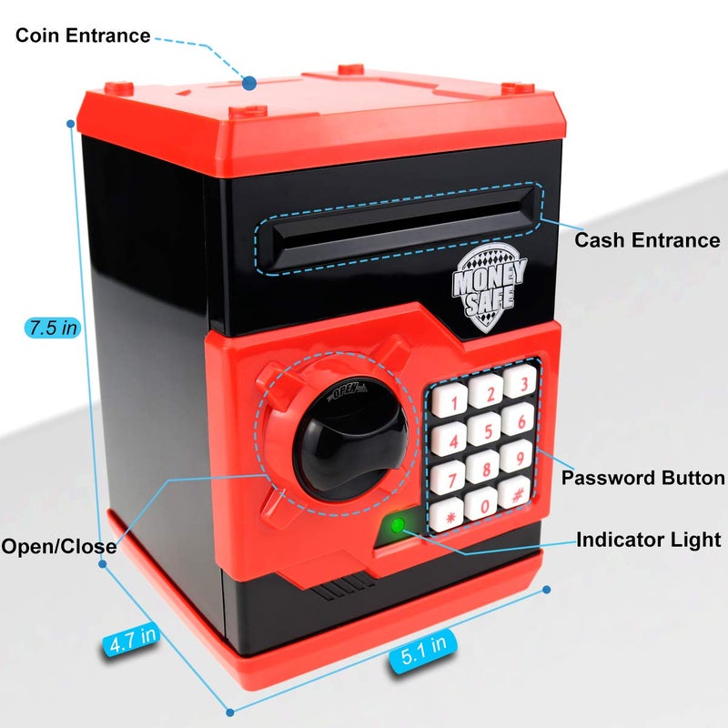Qwifyu Piggy Bank for Boys Girls, Kids Safe Money Bank for 4 5 6 7 8 9 10 Year Old Girl Boy Birthday Gift,Electronic Password Money Saving Box ATM Safe Bank Toys for Kids (Black Red) - Image 2